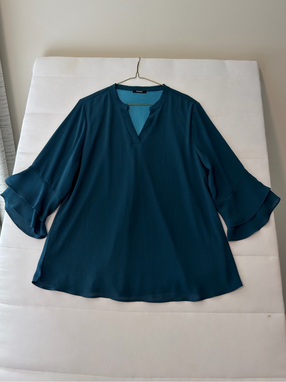 Lotusmile Women's Teal Ruffle-Sleeve V-Neck Blouse L